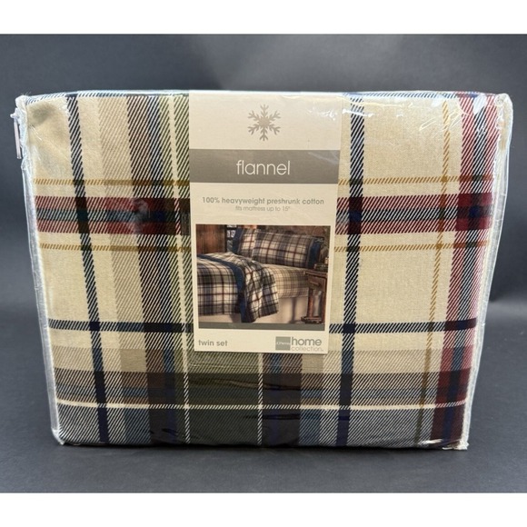 J. C. Penney Other - Vtg JCPenney Home Flannel Lodge Plaid Sheet Set Twin Size 100% Heavy Cotton